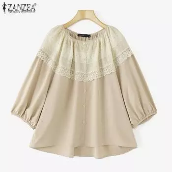 ZANZEA Женские летние кружевные рубашки с круглым вырезом и рукавом 3/4 S розовый