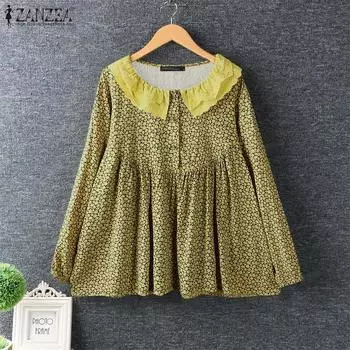 ZANZEA Женские летние кружевные рубашки с лацканами и цветочным принтом с длинным рукавом S жёлтый