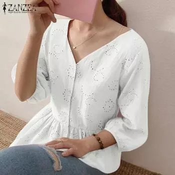 ZANZEA Женские летние кружевные рубашки с V-образным вырезом и рукавом-фонариком 3/4 M белый