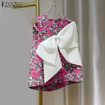 ZANZEA Женские летние майки А-силуэта с круглым вырезом и цветочным принтом и вышивкой 3XL жёлтый