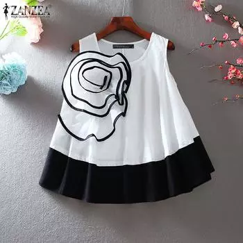 ZANZEA Женские летние майки без рукавов с круглым вырезом и цветочным декором S чёрный
