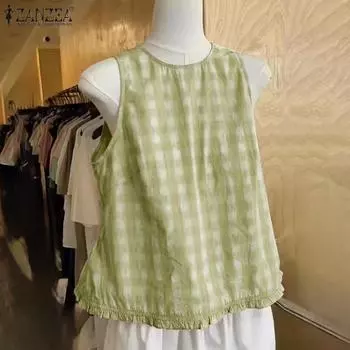 ZANZEA Женские летние майки без рукавов с круглым вырезом в клетку 4XL синий