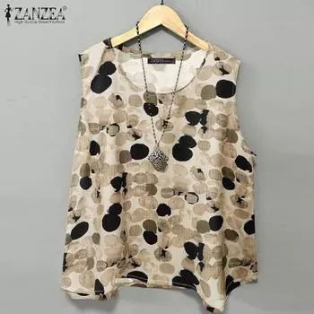 ZANZEA Женские летние майки без рукавов с круглым вырезом и контрастным принтом в горошек 4XL синий