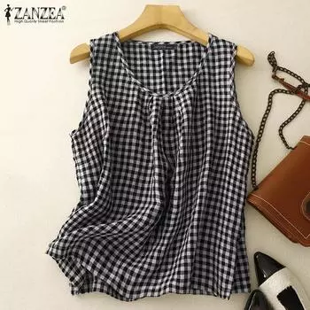 ZANZEA Женские летние майки без рукавов с круглым вырезом в контрастную клетку S чёрный