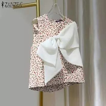 ZANZEA Женские летние майки без рукавов с круглым вырезом и цветочным принтом, завязывающиеся на узел S жёлтый