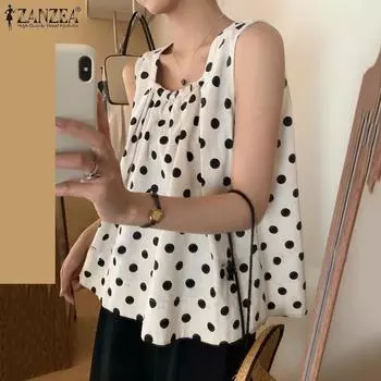 ZANZEA Женские летние майки без рукавов с круглым вырезом в горошек S белый