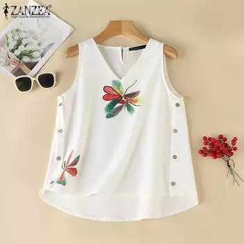 ZANZEA Женские летние майки без рукавов с V-образным вырезом и цветочным принтом S белый