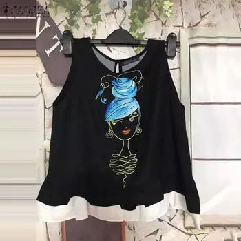 ZANZEA Женские летние майки без рукавов с круглым вырезом и оборками по подолу S чёрный