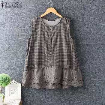 ZANZEA Женские летние майки без рукавов с круглым вырезом и кружевом контрастного цвета в клетку S коричневый