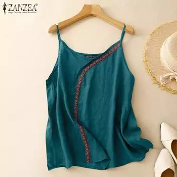 ZANZEA Женские летние майки без рукавов с круглым вырезом и нерегулярной строчкой 4XL зелёный