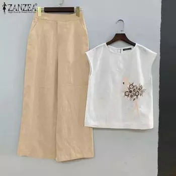 ZANZEA Женские летние майки без рукавов с круглым вырезом и однотонными брюками 5XL хаки