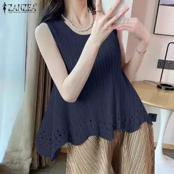 ZANZEA Женские летние майки без рукавов с круглым вырезом и волнистым подолом S розовый