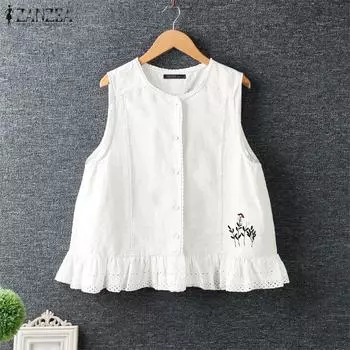 ZANZEA Женские летние майки без рукавов с круглым вырезом и цветочным принтом, кружевным подолом S белый