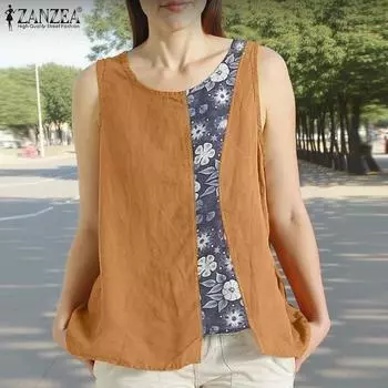 ZANZEA Женские летние майки без рукавов с круглым вырезом и принтом S оранжевый