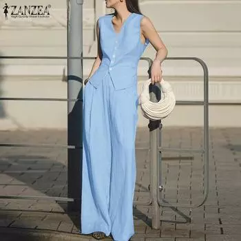 ZANZEA Женские летние майки и брюки, повседневные комплекты из двух частей S синий