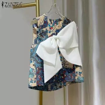 ZANZEA Женские летние майки с круглым вырезом и цветочным принтом, завязывающиеся на узел S красный