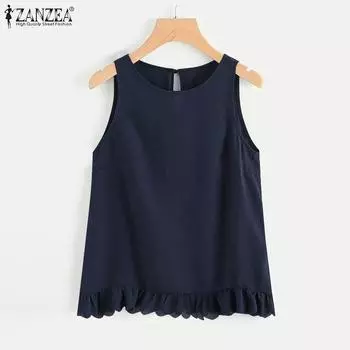 ZANZEA Женские летние майки с круглым вырезом без рукавов и волнистым кружевным подолом S розовый