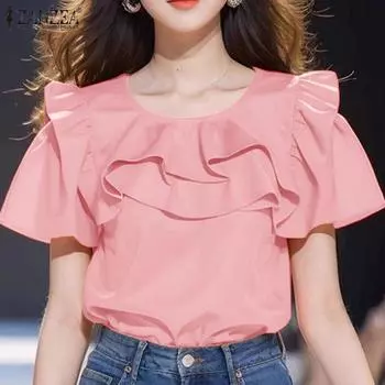 ZANZEA Женские летние многослойные блузки с круглым вырезом и коротким рукавом с оборками 3XL оранжевый