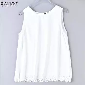ZANZEA Женские летние однотонные кружевные майки с круглым вырезом S белый