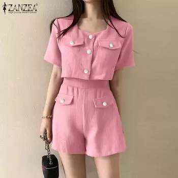 ZANZEA Женские летние однотонные свободные шорты с квадратным вырезом и короткими рукавами на пуговицах, шорты с эластичной резинкой на талии, комплект из двух предметов