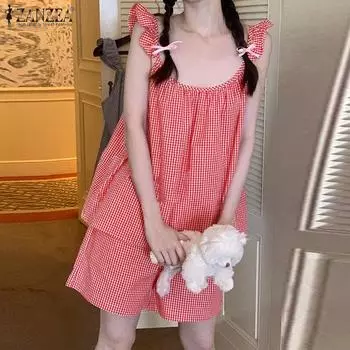 ZANZEA Женские летние пижамы без рукавов с круглым вырезом в клетку M синий