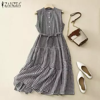 ZANZEA Женские летние платья А-силуэта с круглым вырезом без рукавов в контрастную клетку 3XL жёлтый