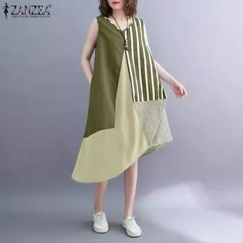 ZANZEA Женские летние платья А-силуэта с круглым вырезом без рукавов в полоску 4XL зелёный