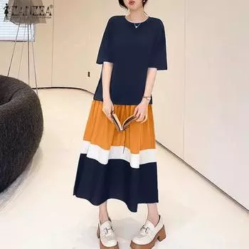 ZANZEA Женские летние платья А-силуэта с круглым вырезом и коротким рукавом в стиле колор-блок S зелёный