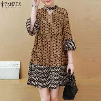 ZANZEA Женские летние платья А-силуэта с круглым вырезом и рукавом 3/4 в горошек оранжевый