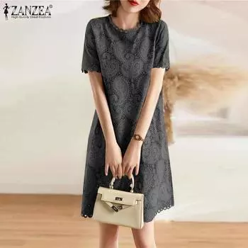 ZANZEA Женские летние платья А-силуэта с круглым вырезом и короткими рукавами и принтом 3XL чёрный