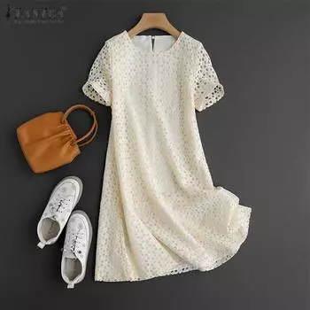 ZANZEA Женские летние платья А-силуэта с круглым вырезом и коротким рукавом из кружева S зелёный