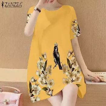 ZANZEA Женские летние платья А-силуэта с круглым вырезом и коротким рукавом с цветочным принтом S белый