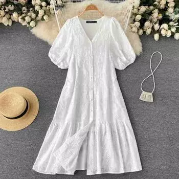 ZANZEA Женские летние платья А-силуэта с V-образным вырезом и короткими рукавами-пузырьками S белый