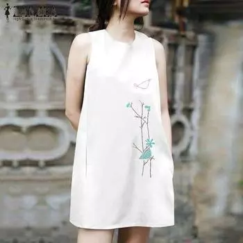 ZANZEA Женские летние платья А-силуэта с круглым вырезом без рукавов с цветочным принтом 3XL белый