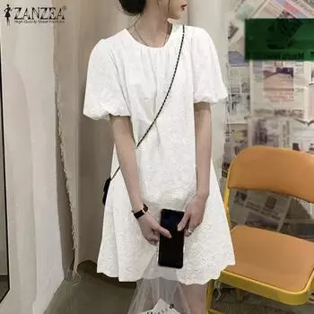 ZANZEA Женские летние платья А-силуэта с круглым вырезом и короткими рукавами-фонариками S белый