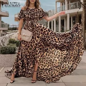 ZANZEA Женские летние платья А-силуэта с коротким рукавом и леопардовым принтом S хаки