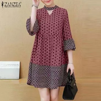 ZANZEA Женские летние платья А-силуэта с круглым вырезом и рукавом 3/4 в горошек S оранжевый