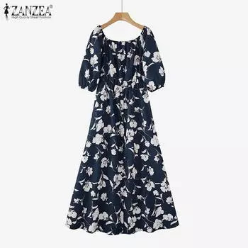 ZANZEA Женские летние платья-фонарики с открытыми плечами и короткими рукавами с цветочным принтом на талии S зелёный