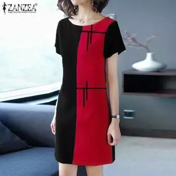 ZANZEA Женские летние платья прямого кроя с круглым вырезом и коротким рукавом с принтом контрастного цвета 5XL жёлтый