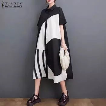 ZANZEA Женские летние платья-рубашки А-силуэта с коротким рукавом и цветными блоками S чёрный