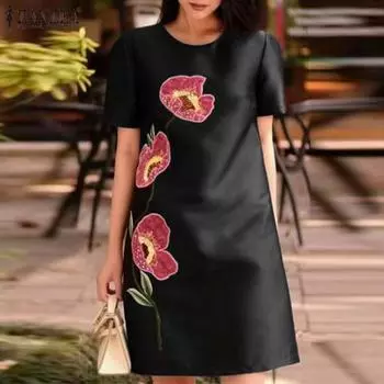 ZANZEA Женские летние платья с круглым вырезом и коротким рукавом с цветочным принтом S оранжевый