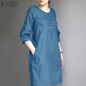 ZANZEA Женские летние платья с круглым вырезом и рукавом 3/4 в складку S чёрный