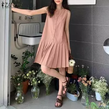 ZANZEA Женские летние платья с круглым вырезом без рукавов с принтом S чёрный