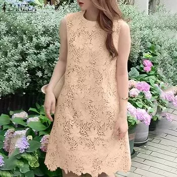 ZANZEA Женские летние платья с круглым вырезом без рукавов и оборками по подолу S бежевый