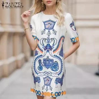 ZANZEA Женские летние платья с круглым вырезом и коротким рукавом с принтом на талии S синий