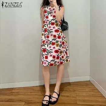 ZANZEA Женские летние платья с круглым вырезом без рукавов и цветочным принтом 4XL озеро синий