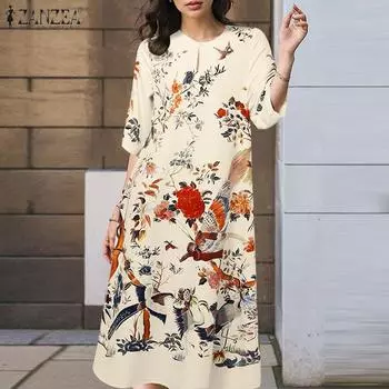 ZANZEA Женские летние платья с круглым вырезом и рукавами средней длины с цветочным принтом S бежевый