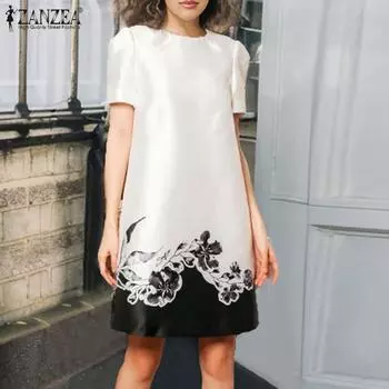 ZANZEA Женские летние платья с круглым вырезом и коротким рукавом, сатиновые, с принтом, прямые S чёрный