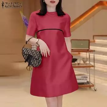 ZANZEA Женские летние платья с круглым вырезом и коротким рукавом S темно-синий