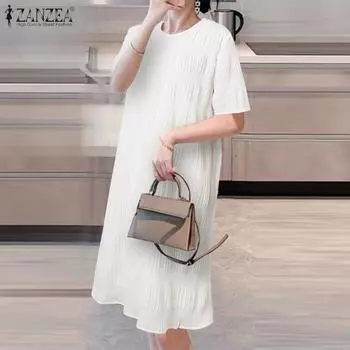 ZANZEA Женские летние платья с круглым вырезом и коротким рукавом и оборками по подолу S белый